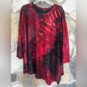 Calessa Tunic Top 3X Red Black Burnout Artsy Mixed Print Dark Romantic Stretchy